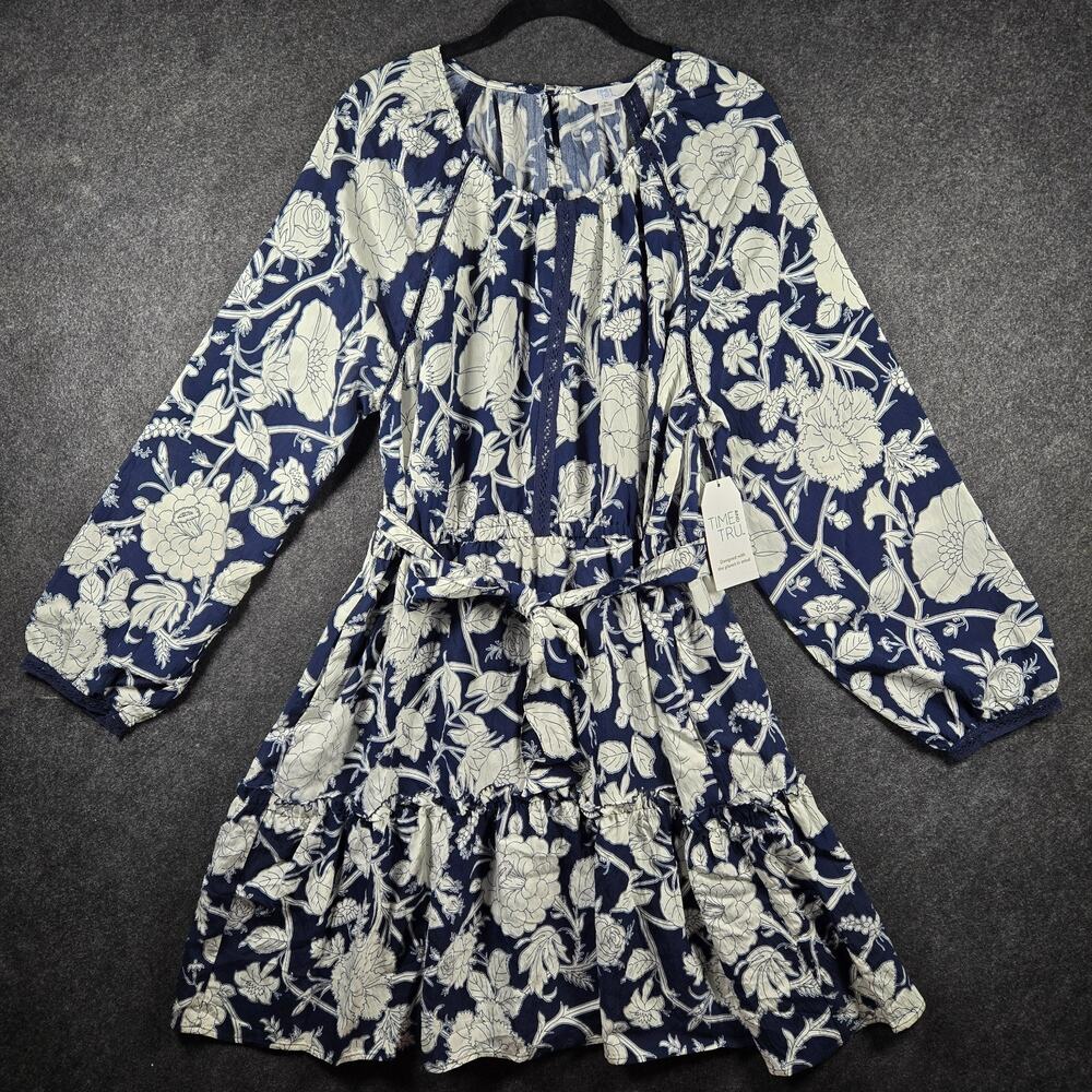 NWT Time and Tru Large Floral Sundress Navy White Peasant Lagenlook Tiered XL